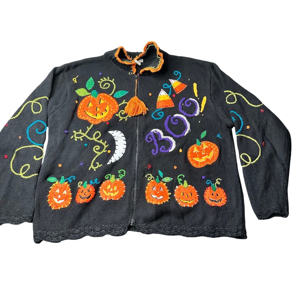 Vintage Knit Sweater Halloween Pumpkin Jack-o-Lantern Trick-or-Treat Cardigan XL